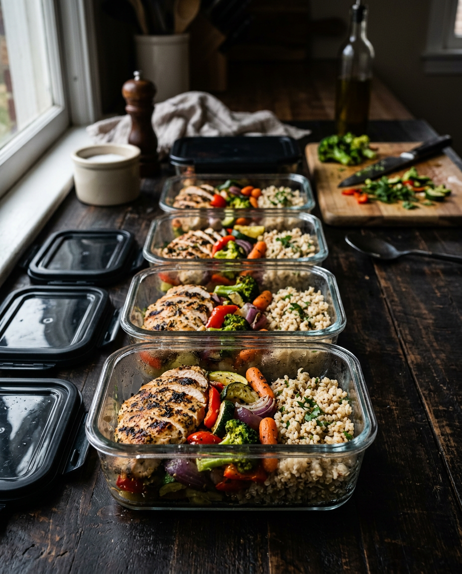 Meal prep containers filled with chicken, rice and vegetables
