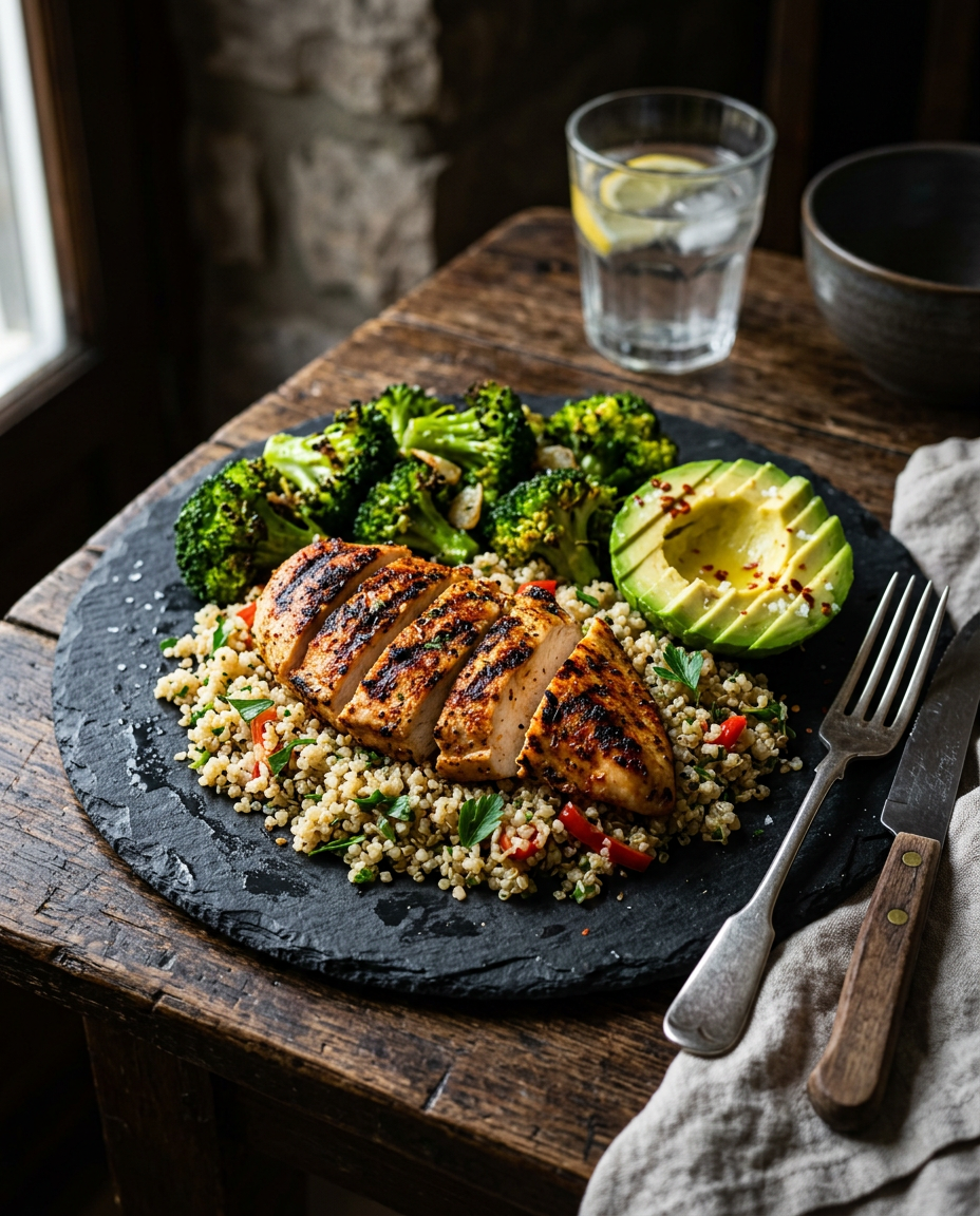 Healthy high protein plate of grilled chicken, quinoa, broccoli and avocado