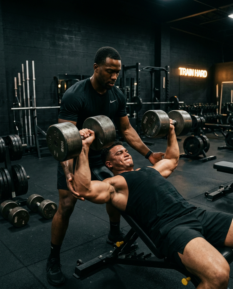 African American personal trainer spotting an African American client through a dumbbell press in a dark gym