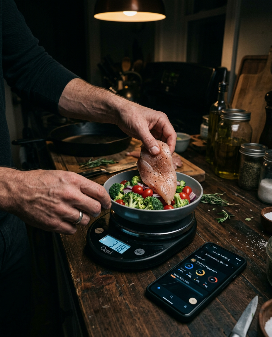 Weighing chicken and vegetables on a kitchen scale next to a macro tracking app