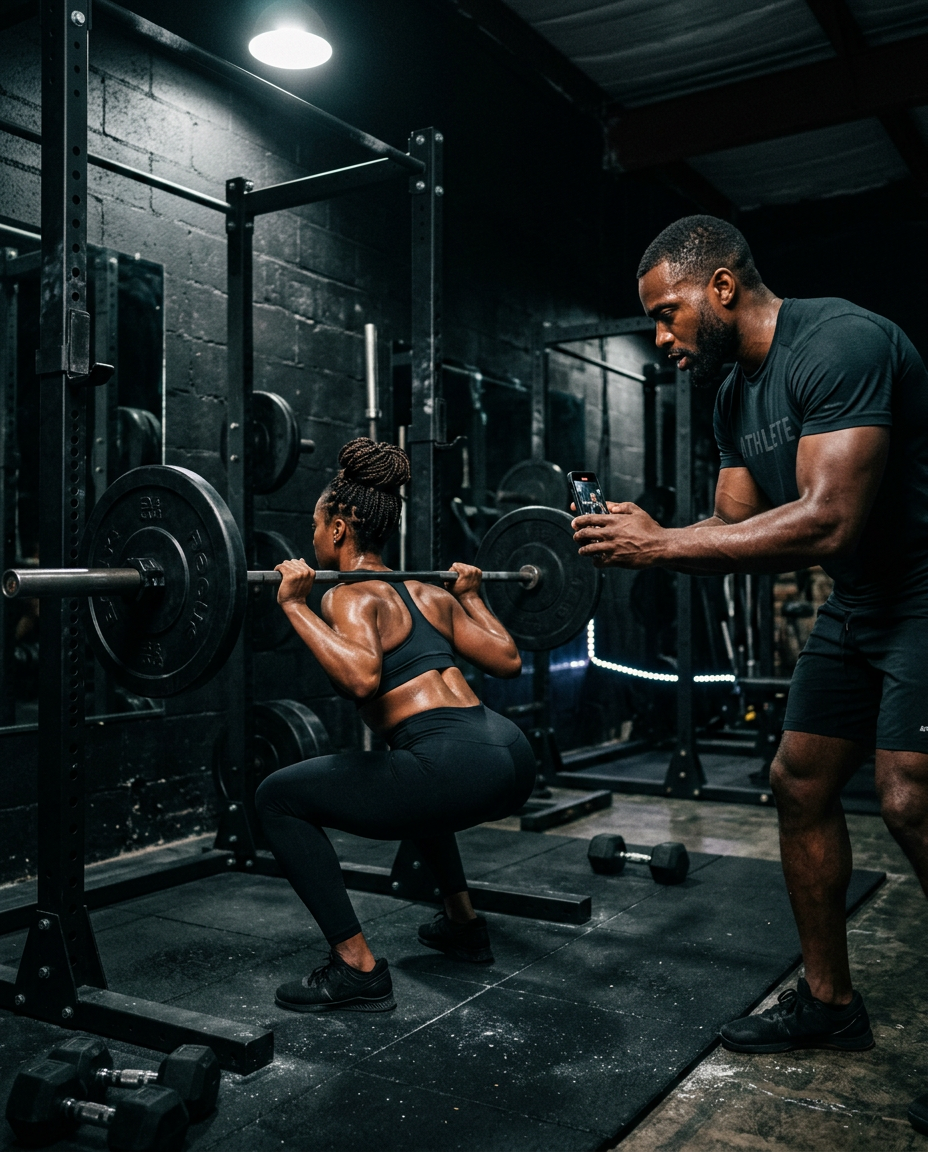 African American coach filming an African American client's squat for a video form review