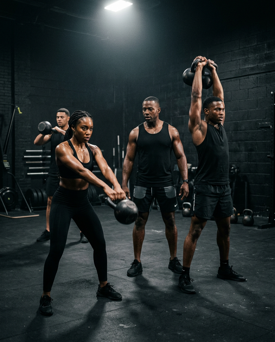 African American athletes during a small kettlebell group training session led by a coach