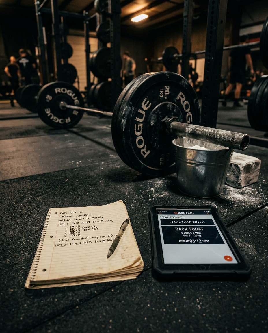Training program notebook and tablet beside a loaded barbell